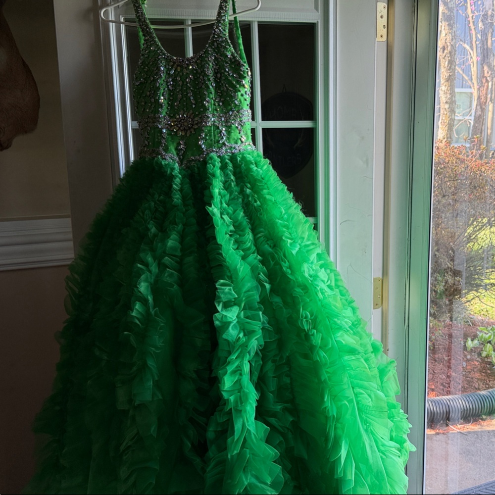 Emerald Green Ruffled Tulle Party Gown with Beaded Bodice